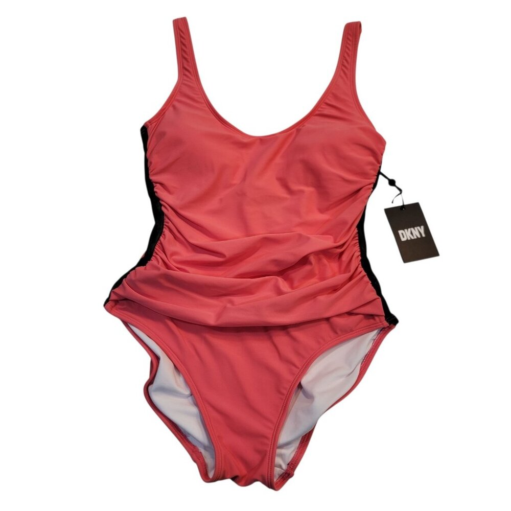 DKNY Ruched V-Neck One-Piece‎ Swimsuit Watermelon Sz 10 NWT - Picture 1 of 11